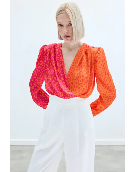 Kruvaze Desenli Bodysuit - Oranj-Fuşya