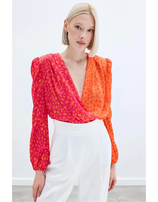 Kruvaze Desenli Bodysuit - Oranj-Fuşya