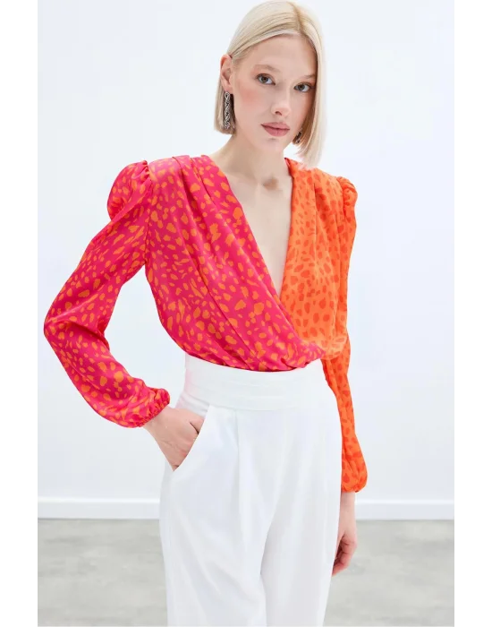 Kruvaze Desenli Bodysuit - Oranj-Fuşya