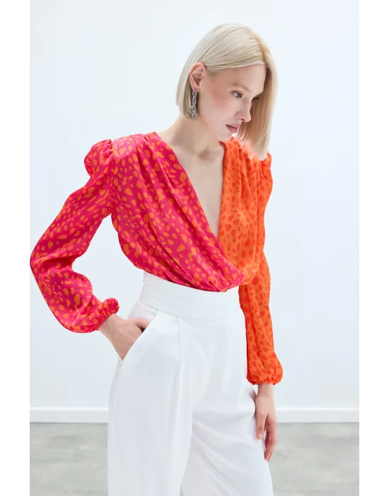Kruvaze Desenli Bodysuit - Oranj-Fuşya