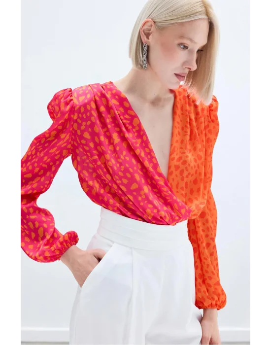 Kruvaze Desenli Bodysuit - Oranj-Fuşya