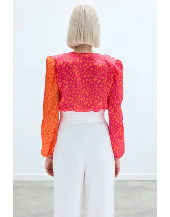 Kruvaze Desenli Bodysuit - Oranj-Fuşya