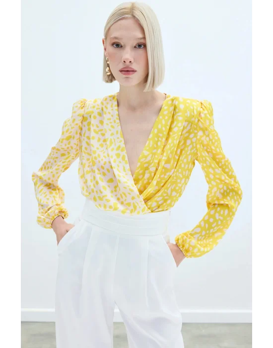 Kruvaze Desenli Bodysuit - Sarı-Ekru