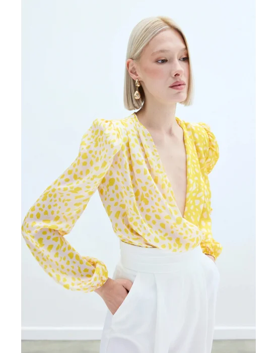 Kruvaze Desenli Bodysuit - Sarı-Ekru
