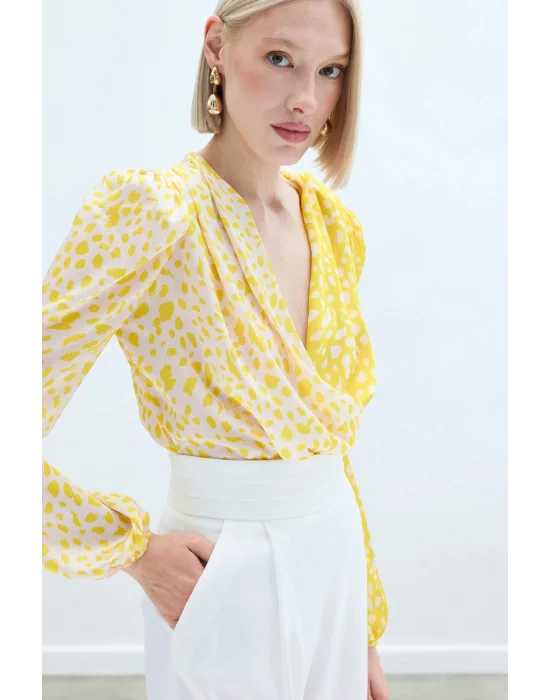 Kruvaze Desenli Bodysuit - Sarı-Ekru