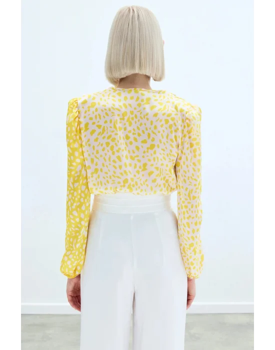 Kruvaze Desenli Bodysuit - Sarı-Ekru