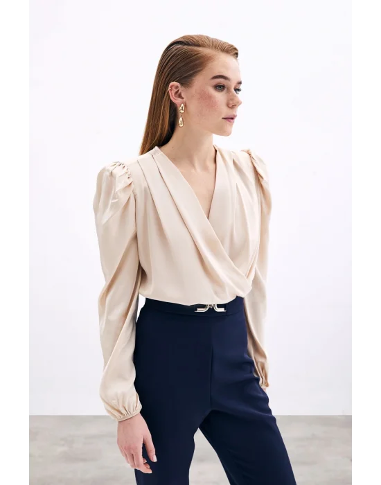 Kruvaze Vatkalı Bodysuit - Bej