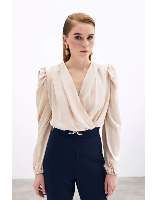 Kruvaze Vatkalı Bodysuit - Bej