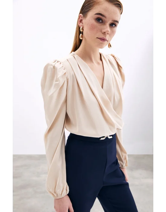 Kruvaze Vatkalı Bodysuit - Bej