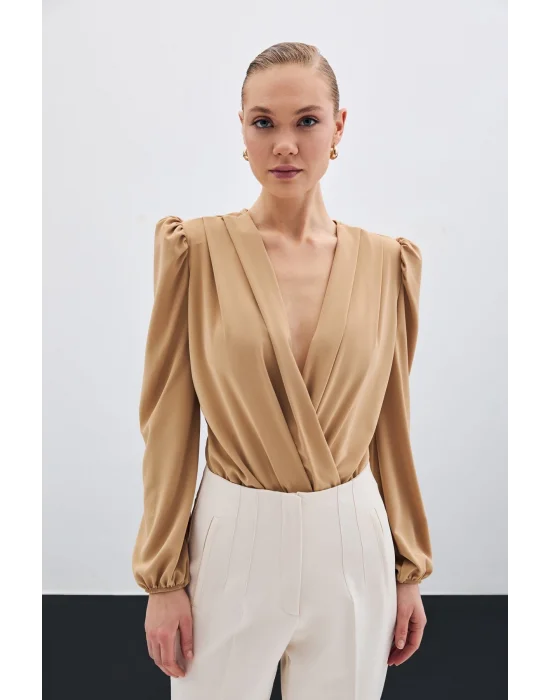 Kruvaze Vatkalı Bodysuit - Camel