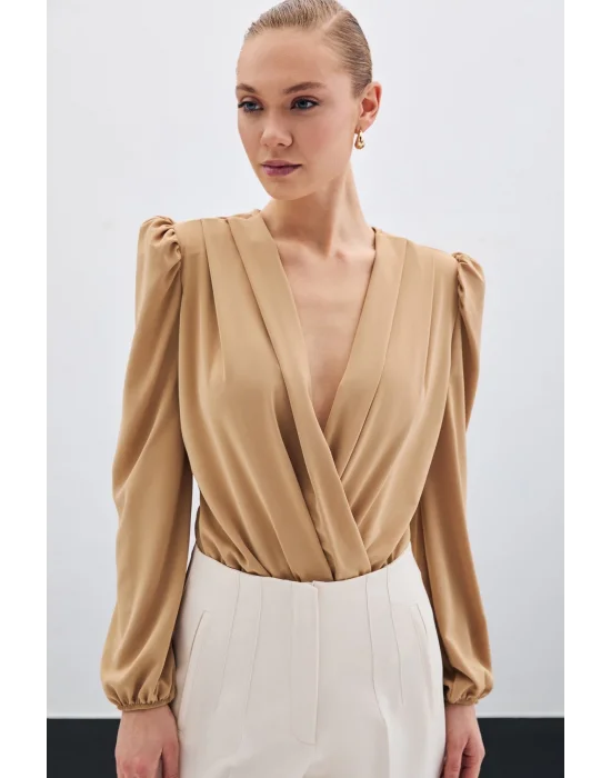Kruvaze Vatkalı Bodysuit - Camel