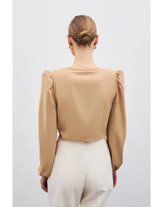 Kruvaze Vatkalı Bodysuit - Camel