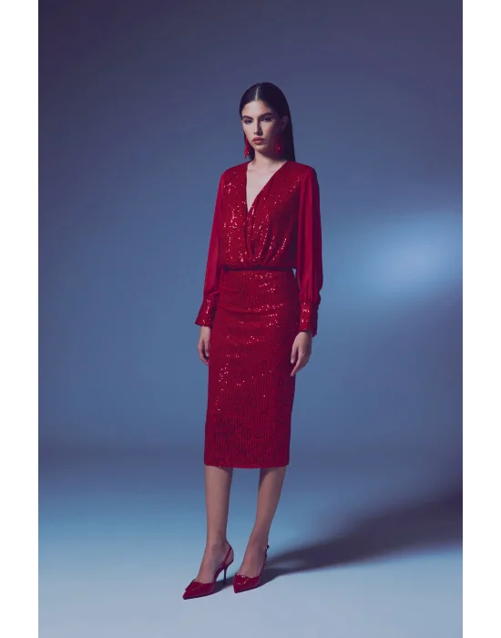 Payet Detaylı Kalem Etek - Kırmızı