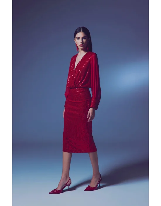 Payet Detaylı Kalem Etek - Kırmızı