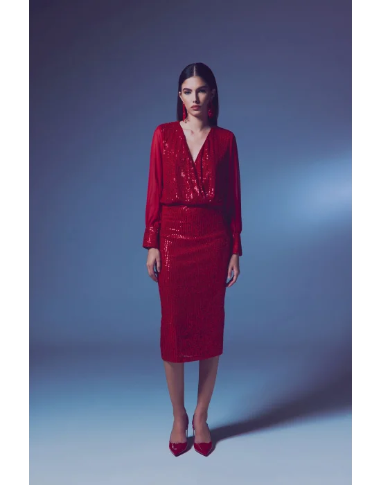 Payet Detaylı Kalem Etek - Kırmızı