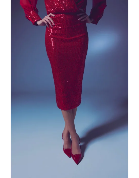 Payet Detaylı Kalem Etek - Kırmızı