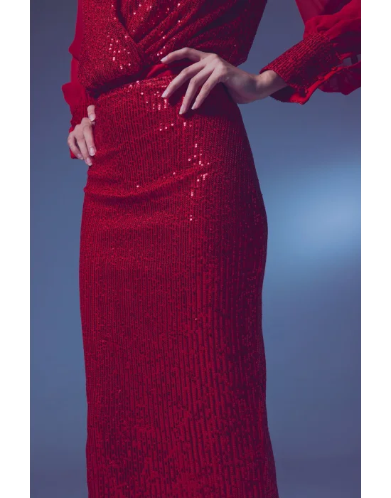 Payet Detaylı Kalem Etek - Kırmızı