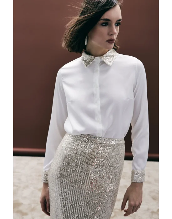 Payet Detaylı Saten Gömlek - Bej
