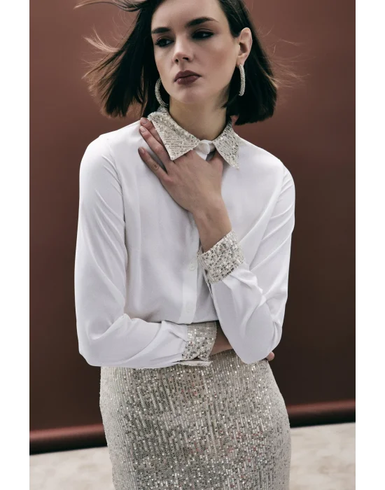Payet Detaylı Saten Gömlek - Bej