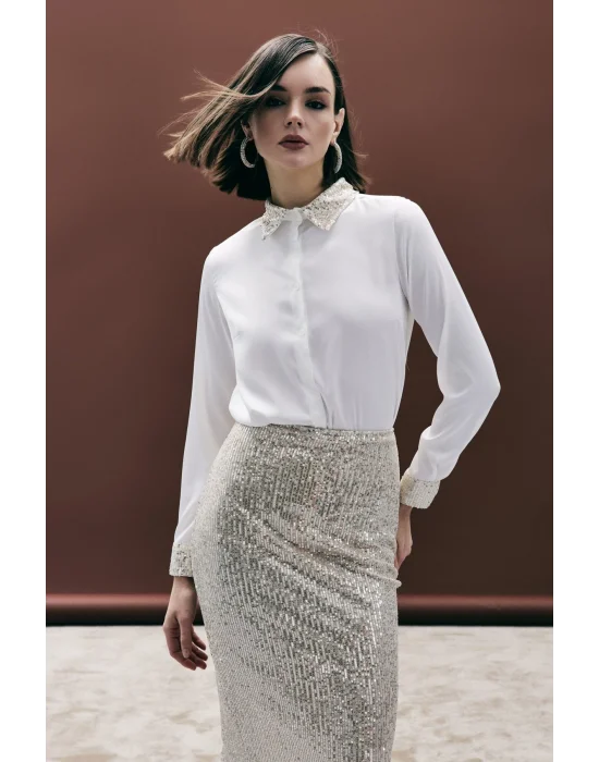 Payet Detaylı Saten Gömlek - Bej