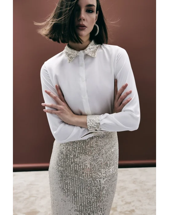 Payet Detaylı Saten Gömlek - Bej