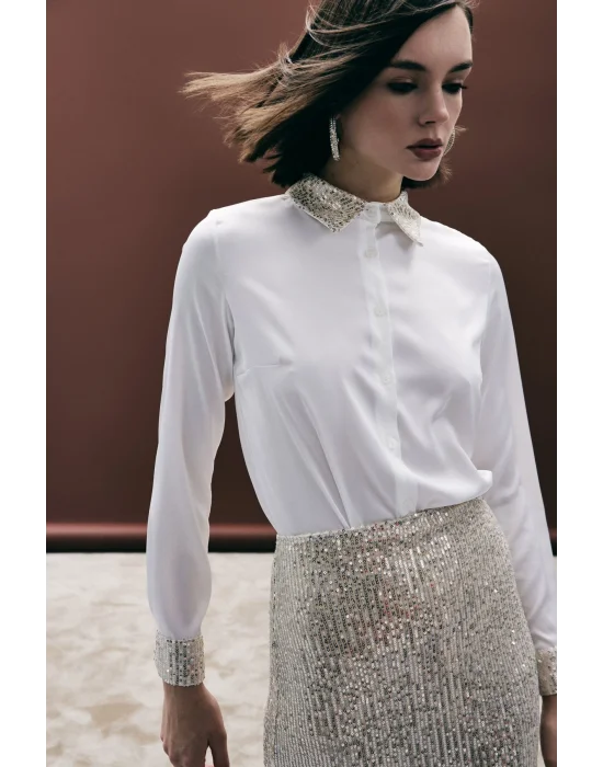 Payet Detaylı Saten Gömlek - Bej