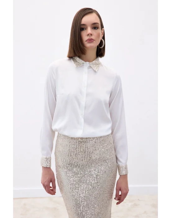 Payet Detaylı Saten Gömlek - Bej
