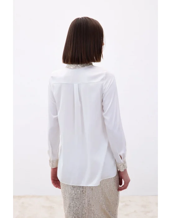 Payet Detaylı Saten Gömlek - Bej