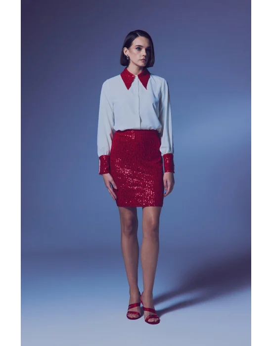 Payetli Mini Etek - Kırmızı