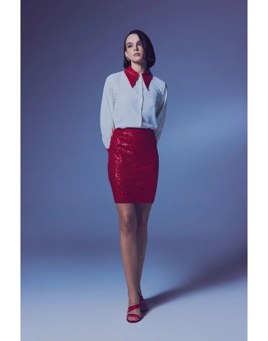 Payetli Mini Etek - Kırmızı