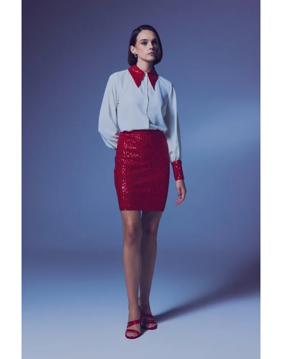 Payetli Mini Etek - Kırmızı