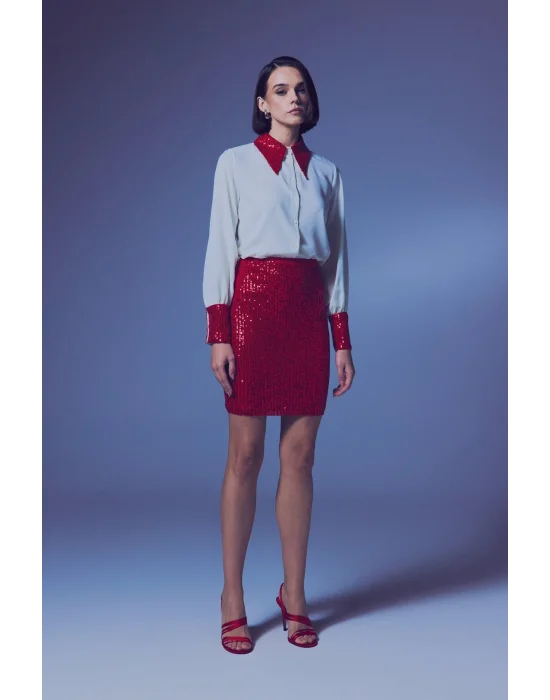 Payetli Mini Etek - Kırmızı