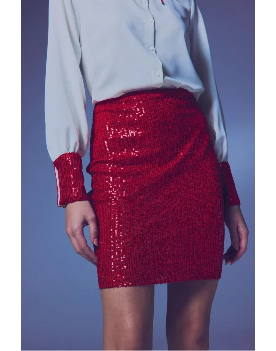 Payetli Mini Etek - Kırmızı
