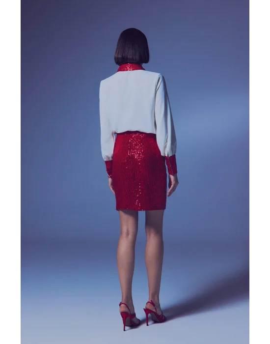 Payetli Mini Etek - Kırmızı