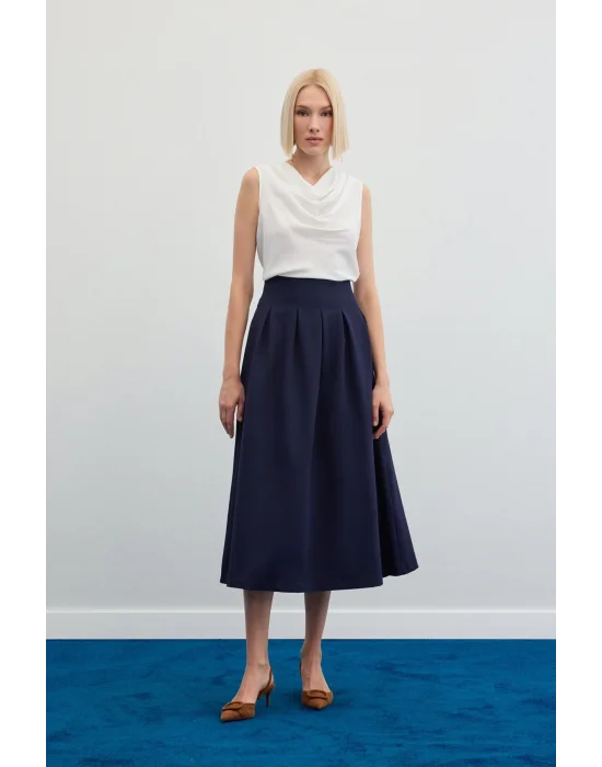 Pileli Midi Etek - Lacivert