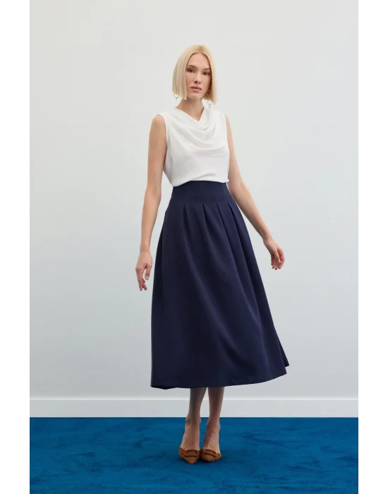 Pileli Midi Etek - Lacivert
