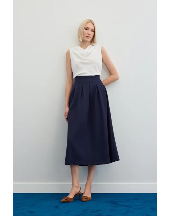 Pileli Midi Etek - Lacivert