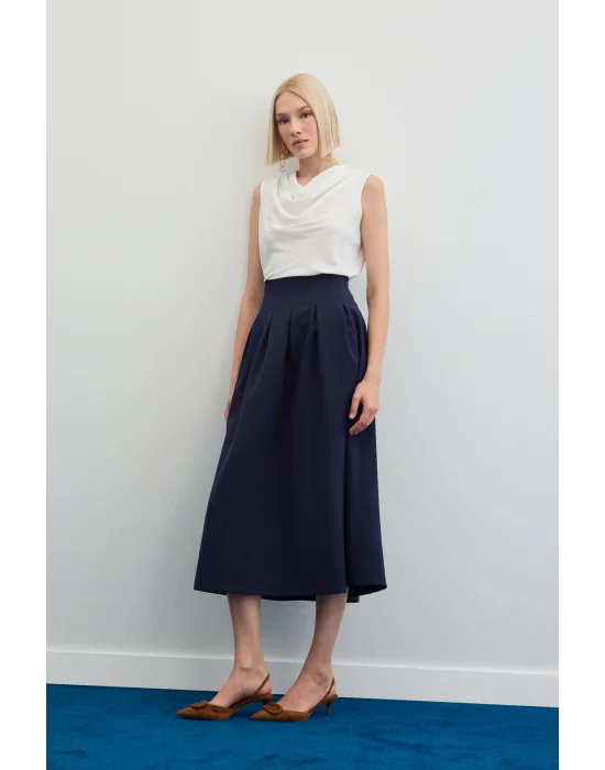 Pileli Midi Etek - Lacivert