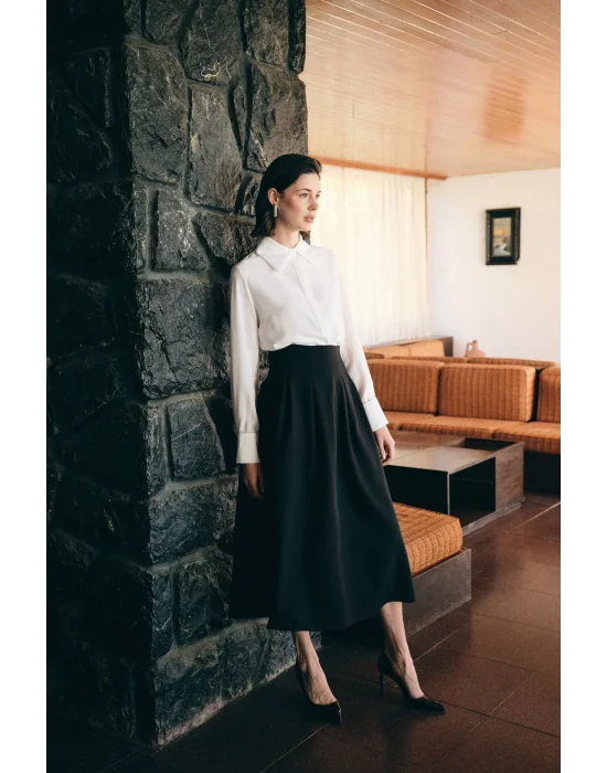 Pileli Midi Etek - Siyah