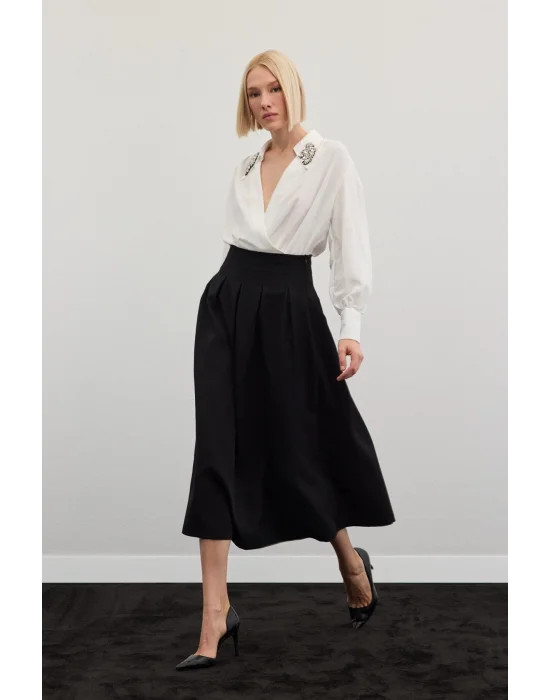 Pileli Midi Etek - Siyah