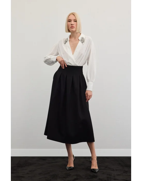 Pileli Midi Etek - Siyah