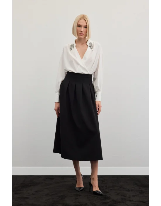 Pileli Midi Etek - Siyah