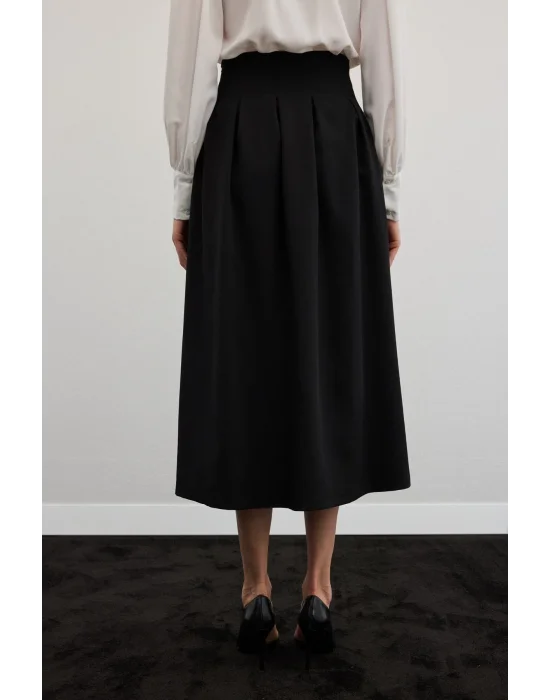 Pileli Midi Etek - Siyah