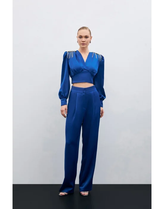Pileli Saten Krep Pantolon - İndigo