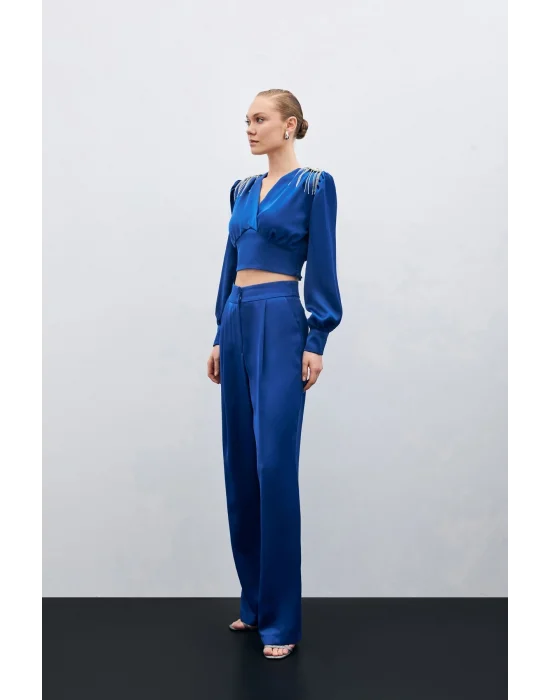 Pileli Saten Krep Pantolon - İndigo