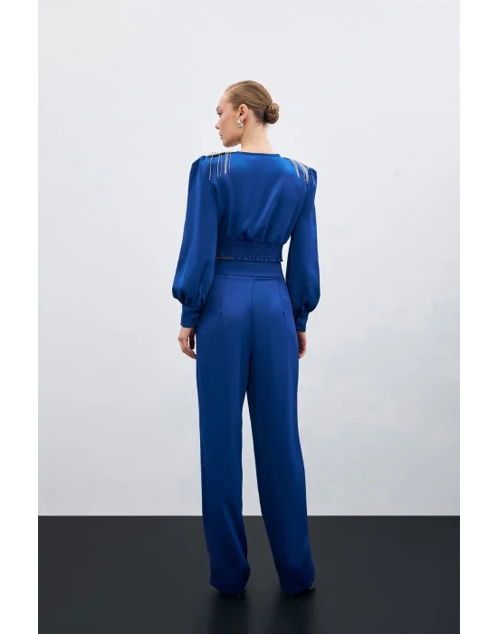 Pileli Saten Krep Pantolon - İndigo