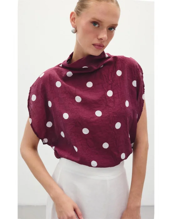 Puantiye Desenli Bluz - Bordo
