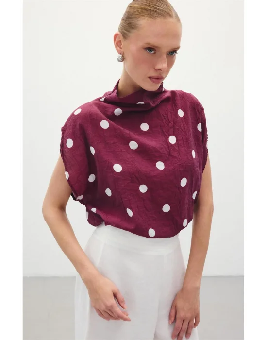 Puantiye Desenli Bluz - Bordo