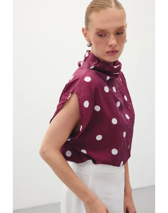 Puantiye Desenli Bluz - Bordo
