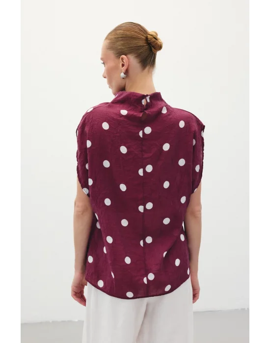 Puantiye Desenli Bluz - Bordo